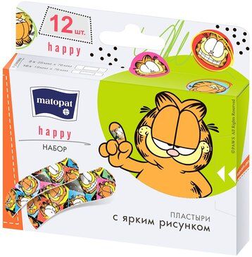 фото упаковки Matopat happy Пластыри с рисунком, 19 мм х 76 мм - 10 шт. 25 мм х 76 мм - 2 шт, с рисунком, цвет в ассортименте, 12 шт. фото упаковки Matopat happy Пластыри с рисунком