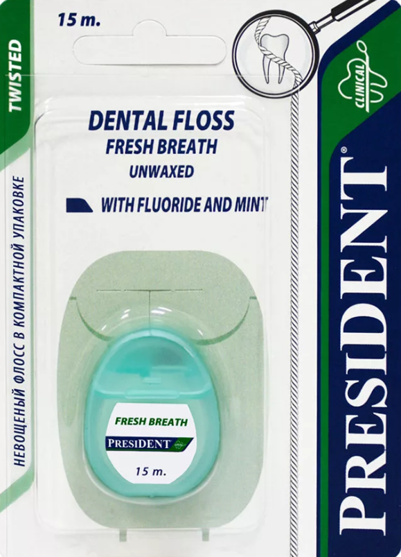 фото упаковки PresiDent зубная нить мята и фтор невощеная