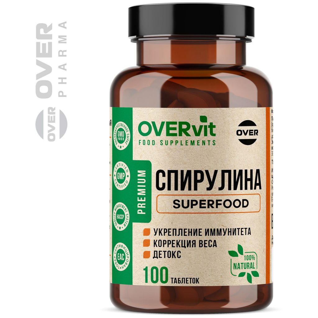 Overvit Спирулина в таблетках, витамины для женщин, для похудения, таблетки, 100 шт.