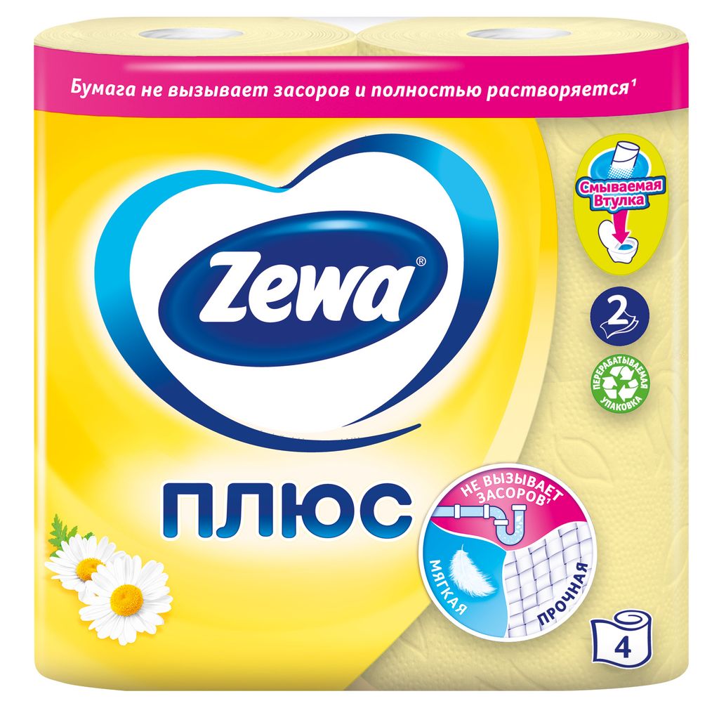 Zewa plus Туалетная бумага двухслойная Ромашка, 4 шт.