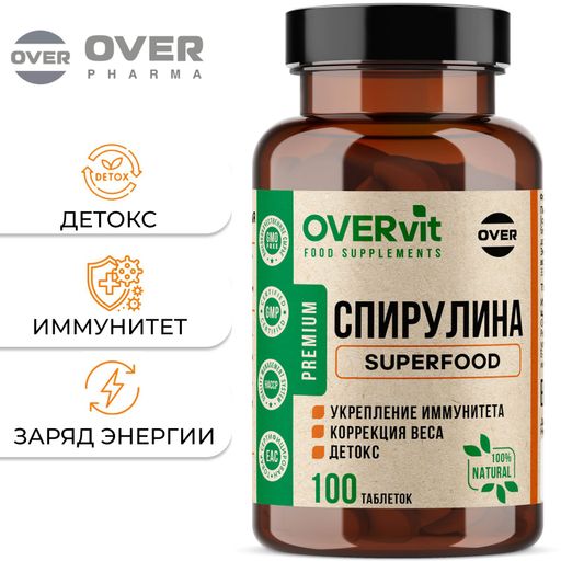 Overvit Спирулина в таблетках, витамины для женщин, для похудения, таблетки, 100 шт.