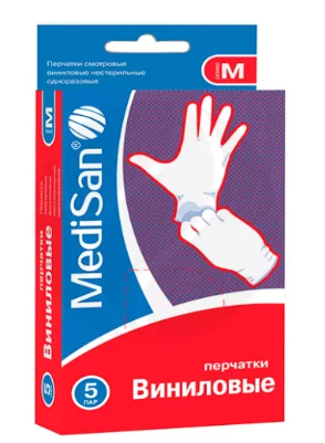 MediSan перчатки смотровые виниловые одноразовые, M, перчатки неопудренные нестерильные, пары, 5 шт.