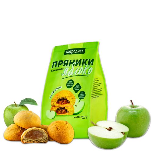 Петродиет Пряники на фруктозе, пряники, с начинкой яблоко, 340 г, 1 шт.