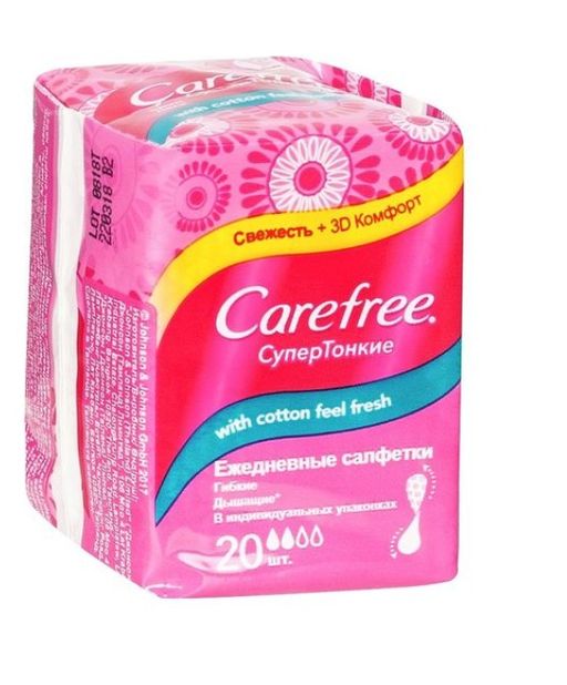 Carefree with cotton feel fresh салфетки женские гигиенические супертонкие, прокладки ежедневные, 20 шт.